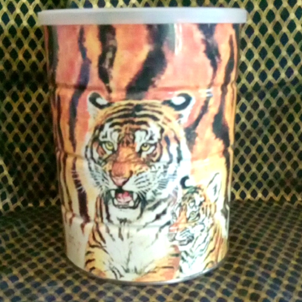 Tiger Print Storage Container Dana Brown coffee tin from 1973